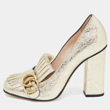 Pre Owned Gucci Gold Foil Leather GG Fringe Block Heel Loafer Pumps Size 37