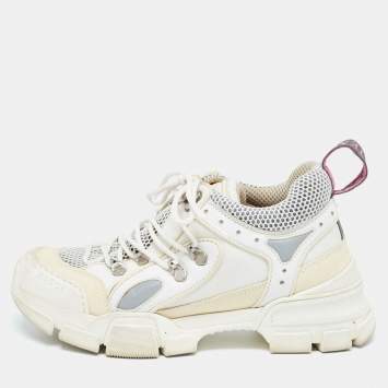 Pre Owned Gucci White Mesh and Leather  Flashtrek Sneakers Size 38.5