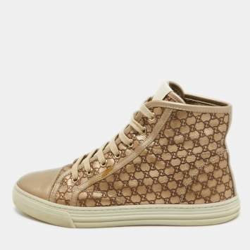 Pre Owned Gucci Metallic Gold Leather Guccissima High Top Sneakers Size 37