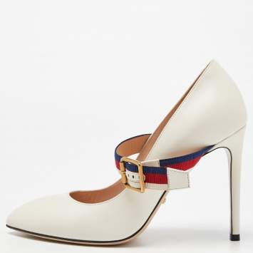Pre Owned Gucci Cream Leather Sylvie Mary Jane Pumps Size 38.5