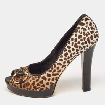 Pre Owned Gucci Brown/Beige Animal Print Calf Hair Icon Bit Peep Toe Platform Pumps Size 39