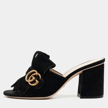 Pre Owned Gucci Black Suede GG Marmont Slides Size 37