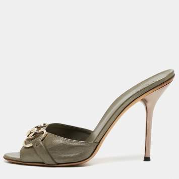 Pre Owned Gucci Metallic Leather Horsebit Slide Sandals Size 37