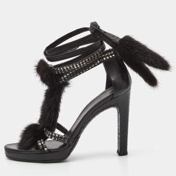 Gucci Black Python Leather and Mink Fur Crystal Embellished Ankle Wrap Sandals Size 36