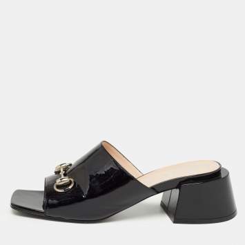 Pre Owned Gucci Black Patent Leather Horsebit Block Heel Slide Sandals Size 39.5