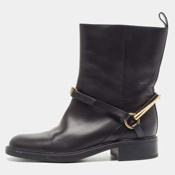 Pre Owned Gucci Black Leather Moto Buckle Detail Ankle Boots Size 39.5