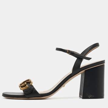 Pre Owned Gucci Black Leather GG Marmont Black Heel Ankle Strap Sandals Size 39