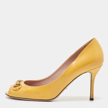 Pre Owned Gucci Yellow Patent Leather Horsebit Peep Toe Pumps Size 39