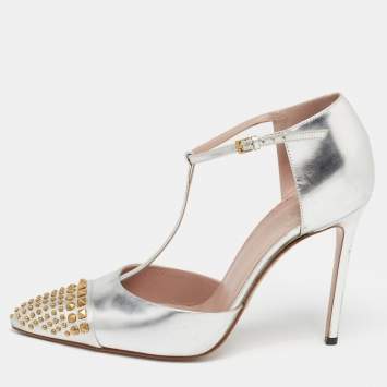 Pre Owned Gucci Metallic Silver Leather Studded Coline T-Strap Pumps Size 39.5