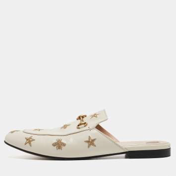 Pre Owned Gucci Cream Leather Bee and Star Embroidered Princetown Flat Mules Size 41.5