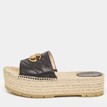 Pre Owned Gucci Black Leather GG Marmont  Slide Espadrilles Size 39.5 