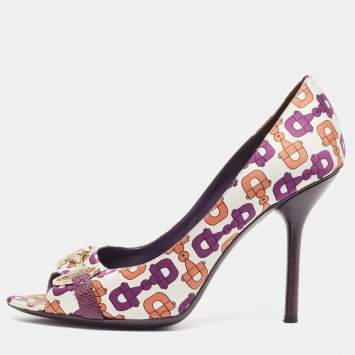 Pre Owned Gucci Multicolor Satin Horsebit Peep Toe Pumps Size 38.5