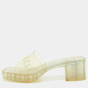 Pre Owned Gucci Transparent PVC Embossed Logo Block Heel Slide Sandals Size 38
