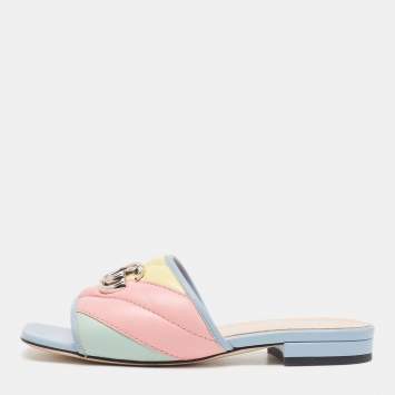 Pre Owned Gucci Multicolor Matelassé Leather GG Marmont Flat Slides Size 35