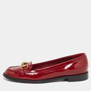 Pre Owned Gucci Red Patent Leather Horsebit Slip On Loafers Size 38.5