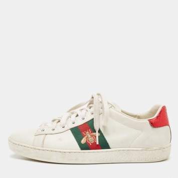Pre Owned Gucci White Leather Embroidered Bee Ace Sneakers Size 36