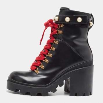 Pre Owned Gucci Black Leather Faux Pearl Embellished Ankle Boots Size 41