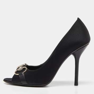 Pre Owned Gucci Black Satin Horsebit Peep Toe Pumps Size 38