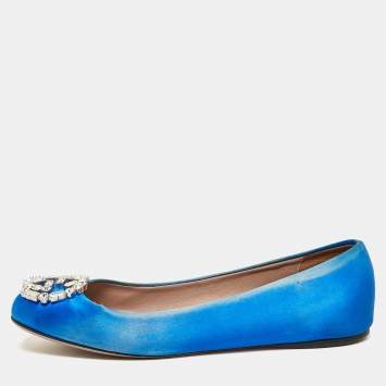 Pre Owned Gucci Blue Satin Interlocking G Crystals Ballet Flats Size 37.5