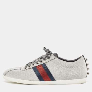 مملوكة مسبقًا Gucci Metallic Silver Glitter Web Bambi Sneakers Size 38