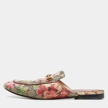 Pre Owned Gucci Beige/Brown Blooms Print GG Supreme Canvas Princetown Flat Mules Size 40