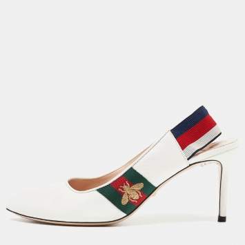 Pre Owned Gucci White Leather Sylvie Accent Slingback Pumps Size 39