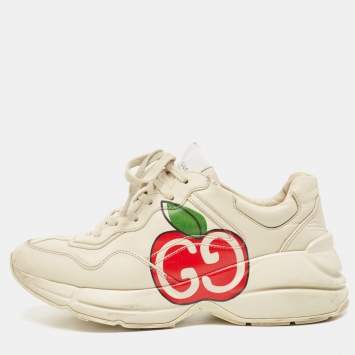Pre Owned Gucci Cream Leather GG Apple Rhyton Sneakers Size 39