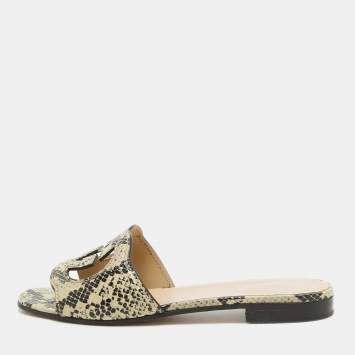 Pre Owned Gucci Beige/Black Python Embossed Leather Interlocking G Flat Slides Size 36.5