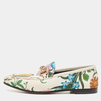 Pre Owned Gucci White Floral Canvas Jordaan Horsebit Slip On Loafers Size 35