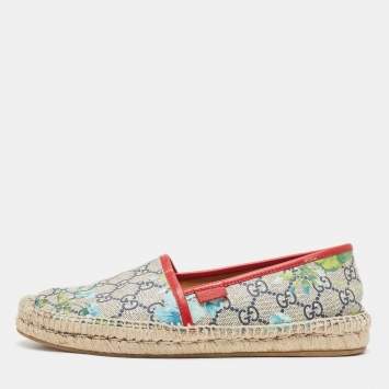 Pre Owned Gucci Navy Blue/Beige GG Supreme Canvas Bloom Print Espadrille Flats Size 38.5
