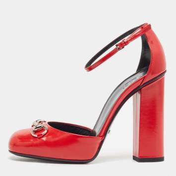 Pre Owned Gucci Red Leather Horsebit Block Heel Ankle Strap Sandals Size 38.5