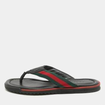 Pre Owned Gucci Black Leather Web Detail Thong Flats Size 36