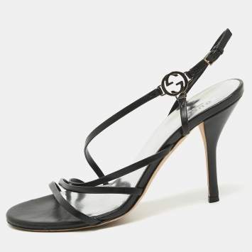 Pre Owned Gucci Black Leather Interlocking G Strappy Slingback Sandals Size 38.5