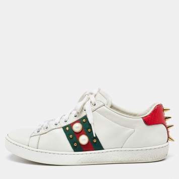 Pre Owned Gucci White Leather Studded and Spiked Ace Sneakers Size 36