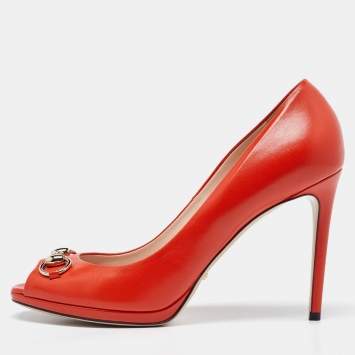 Pre Owned Gucci Orange Leather Horsebit Peep Toe Pumps Size 40.5