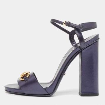 Pre Owned Gucci Metallic Navy Blue Leather Horsebit Ankle Strap Sandals Size 38