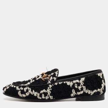Pre Owned Gucci Black/White GG Tweed Jordaan Loafers Size 36.5