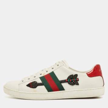 Pre Owned Gucci White Leather and Python Embossed Ace Low Top  Sneakers Size 37.5