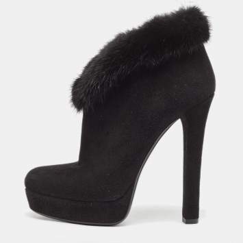 Pre Owned Gucci Black Suede and Fur Trim Ankle Boots Size 37