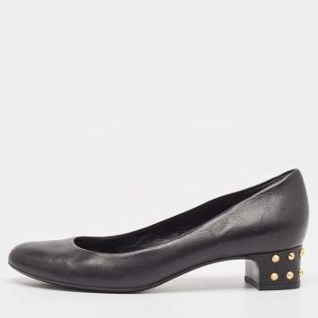 Pre Owned Gucci Black Leather Studded Block Heel Pumps Size 38
