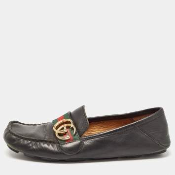 Pre Owned Gucci Black Leather GG Marmont Web Driver Slip On Loafers Size 37