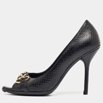 Pre Owned Gucci Black Python Horsebit Open Toe Pumps 38.5