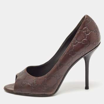 Pre Owned Gucci Brown Leather Peep Toe Pumps Size 37