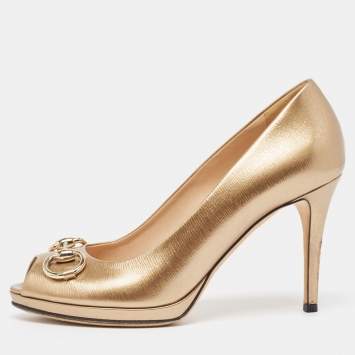 Pre Owned Gucci Metallic Leather Horsebit Peep Toe Platform Pumps Size 38