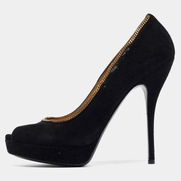 Pre Owned Gucci Black Suede Chain Trim Peep Toe Platform Pumps Size 40