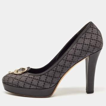 Pre Owned Gucci Blue/Lead Diamante Canvas And Leather Trim Icon Bit Platform Peep Toe Pump Size 40.5