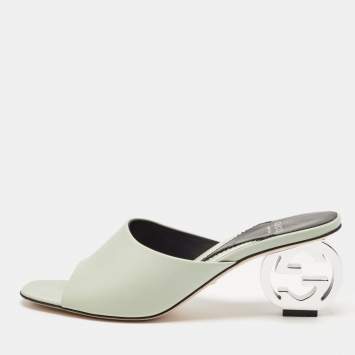 Pre Owned Gucci Mint Green Leather Interlocking G Heel Slide Sandals Size 39