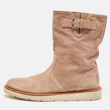Pre Owned Gucci Dusty Pink Guccissima Suede Quercy Flat Boots Size 38