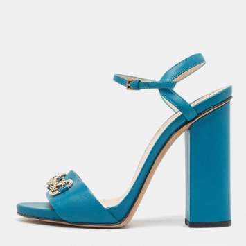 Pre Owned Gucci Teal Leather Horsebit Ankle Strap Sandals Size 37
