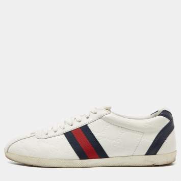 Pre Owned Gucci Off White Guccissima Leather Web Detail Lace Up Sneakers Size 37.5